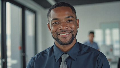 Obraz premium A portrait headshot photo of a friendly professional CEO executive business worker: A smiling Black man in a business suit stands confidently in a modern office hallway, looking directly at the v