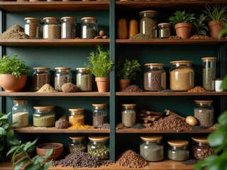 Fototapeta premium medicinal herbs and berries, traditional medicine Shelf full of glass jars with various spices and herbs. The jars are arranged in rows