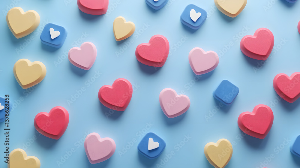 Poster animated 3d isometric social media reaction icons with floating hearts and notifications