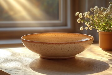 Warm lighting highlights a beautiful ceramic bowl on a wooden table with delicate flowers