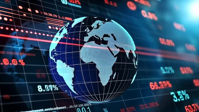 Virtual globe interface showcasing different countries impacted by rising tariffs, color-coded regions reflecting economic stress, as online analysts track the shifting internation