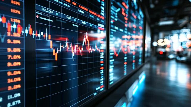 A dimly lit trading floor filled with large LED screens flashing global markets, import-export statistics, and alarming tariff spikes, conveying the mounting concerns over internat