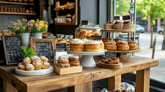 Bakery display with various pastries, cakes, and treats