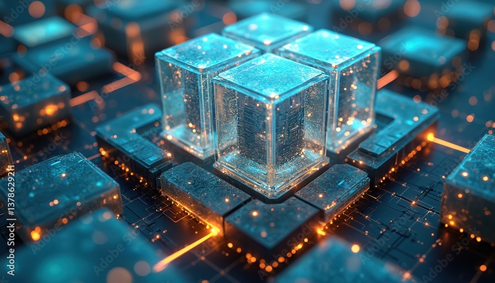 Poster futuristic tech concept of digital cubes interconnected with network lines. cubes in cyberspace, inf