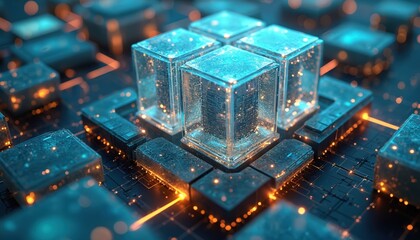 Futuristic tech concept of digital cubes interconnected with network lines. Cubes in cyberspace, information flow, technology, AI, data processing, blockchain, innovation, business, finance.