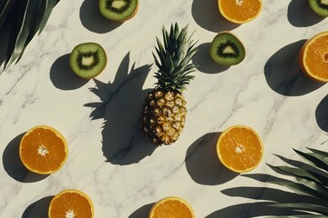 A vibrant, overhead shot of a mix of fruits like pineapples, oranges, and kiwis arranged in an abstract pattern on a white marble surface, with high contrast lighting. 