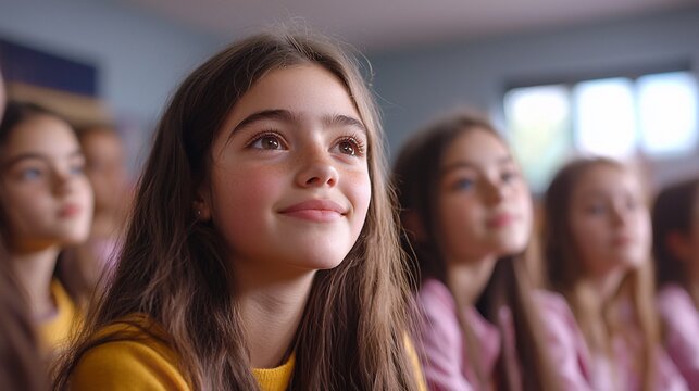 Girl intently listening, focused on a presentation