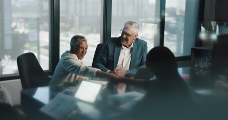 Deal, handshake and meeting with business people in boardroom of office for collaboration. Agreement, B2B and partnership with employee team in workplace together for acquisition, merger or success - Powered by Adobe