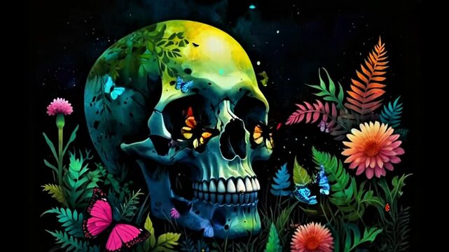 Surreal skull art with vibrant flowers butterflies green blue yellow hues dark background symbolic life death rebirth nature fusion mystical. Green-blue-yellow skull entwined with pink, orange, yellow