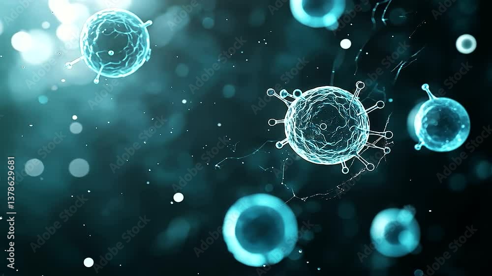 Poster scientific d illustration of multiple translucent spheres containing luminescent blue exosomes, surr