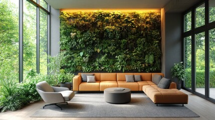 Modern living room, green wall, sunlight, plants, relaxation