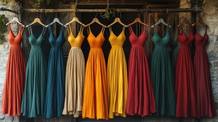 Colorful bridesmaid dresses hang outdoors, rustic background, wedding prep