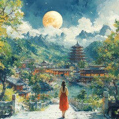 Woman Views Asian Temple, Moonlit Mountainscape