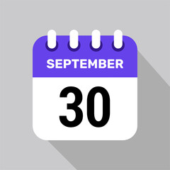 calendar 30 september icon date background. Vector schedule symbol.
