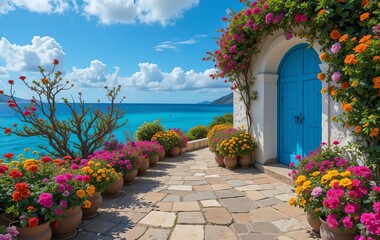 Naklejka premium A cobblestone path with flower pots and a blue door leading to the sea