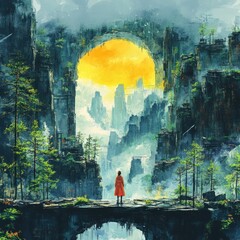 Woman contemplates surreal mountain arch sunrise