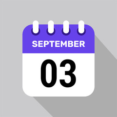 calendar 3 september icon date background. Vector schedule symbol.