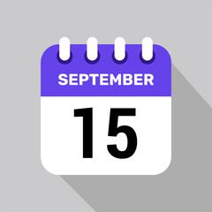 calendar 15 september icon date background. Vector schedule symbol.