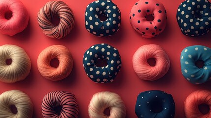 Colorful Donuts Pattern Red Background Flatlay Food Photography