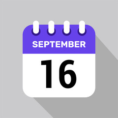 calendar 16 september icon date background. Vector schedule symbol.