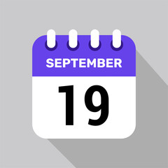 calendar 19 september icon date background. Vector schedule symbol.
