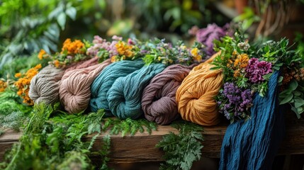 Colorful fabric rolls, floral display, rustic wood, greenery backdrop, photography prop