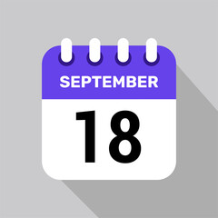 calendar 18 september icon date background. Vector schedule symbol.