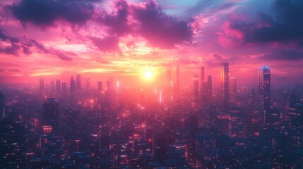 Futuristic city sunrise, vibrant skyline, pink clouds, aerial view, website banner