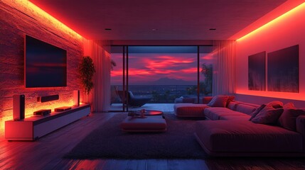 Red-lit modern living room, sunset view, home theater