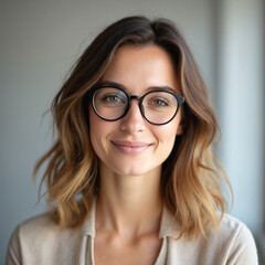 Obraz premium Portrait young woman with natural look wears glasses. Female with glasses, smiling. Ideal for social media profile pictures, blogs, articles, websites. Business, beauty, education, tech, digital