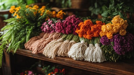 Colorful floral bouquets & yarn tassels on wood shop table