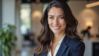 Obraz premium A portrait headshot photo of a friendly professional CEO executive business worker: A smiling businesswoman with long brown hair confidently poses in a navy blazer and white shirt within a modern