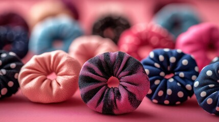 Colorful fabric hair rings on pink, craft background