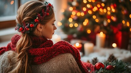 Woman, Christmas, cozy, room, pensive, hair, wreath, winter, holiday, fire