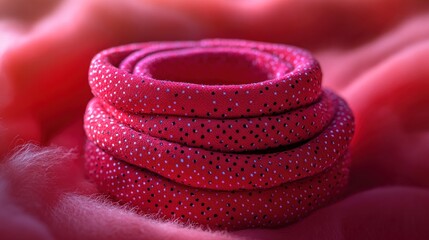 Pink fabric cord rolls on textured surface