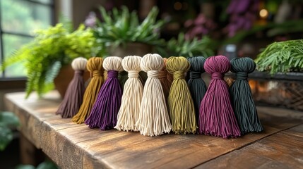Handmade cotton tassels displayed on rustic wood, indoor greenery background, craft supplies