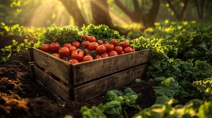 Sunlit orchard crate, ripe tomatoes, lettuce harvest