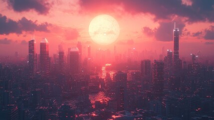 Futuristic city sunset, hazy moonrise, cityscape, urban fantasy, poster art
