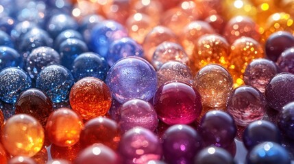 Colorful glass beads, sunlit, close-up, background blur, texture