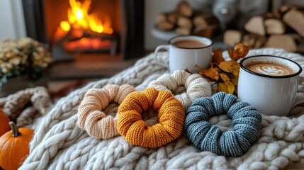 Cozy autumn fireplace knit rings coffee mugs