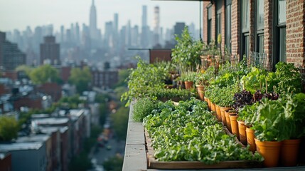 Rooftop garden thrives, city skyline backdrop