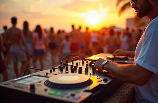Dj mixing music outdoor beach party festival during sunset. Deejay plays music with crowd of dancing people. Nightlife fun entertainment, vacation summer concert rave event. Happy youth lifestyle.