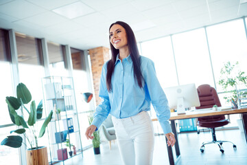Professional woman in a modern office space, exuding confidence and style in formal wear, walking...