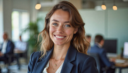 A portrait headshot photo of a friendly professional CEO executive business worker: A smiling businesswoman with light brown hair and blue eyes confidently poses in a modern office setting, weari