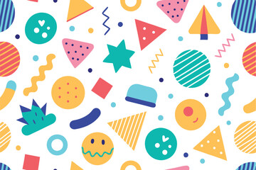 Colorful Geometric Shapes Pattern with Circles, Triangles, Stars on White Background