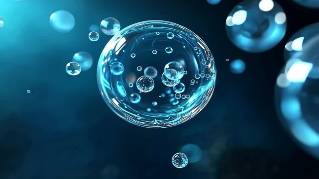 Photorealistic D depiction of blue exosomes shimmering inside glass-like spherical vesicles, floating in a plasma-like biotech space with subtle reflections and depth