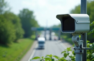 Modern traffic monitoring camera near toll booth. Transportation tech, road management concept. Highway safety, urban security, automatic vehicle detection. Environment, roadway, communication,