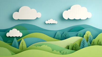 Obraz premium Layered Paper Cut Landscape with Rolling Green Hills and Fluffy Clouds