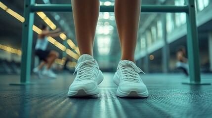 Modern Sneakers on Fit Person in Bright Gym Interior Setting