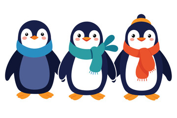 Fototapeta premium Cute Penguin Cartoon Characters, Winter Scarf and Hat, Christmas Penguins, White Background
